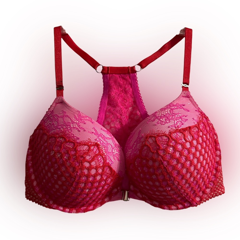 Victoria's Secret Very Sexy Red & Pink Fishnet Front Close Push-Up Bra 34D
